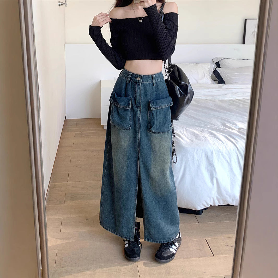 Damen Jeansrock Lang Größe Mit Taschen Eveloria