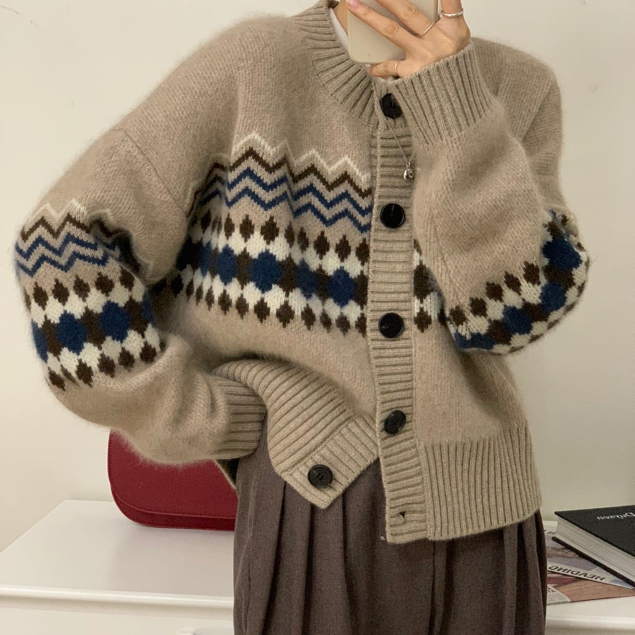 Damen Strickcardigan Kuschelig Ornamente Beige - Eveloria