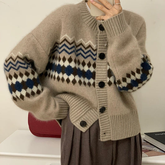 Damen Strickcardigan Kuschelig Ornamente Beige - Eveloria