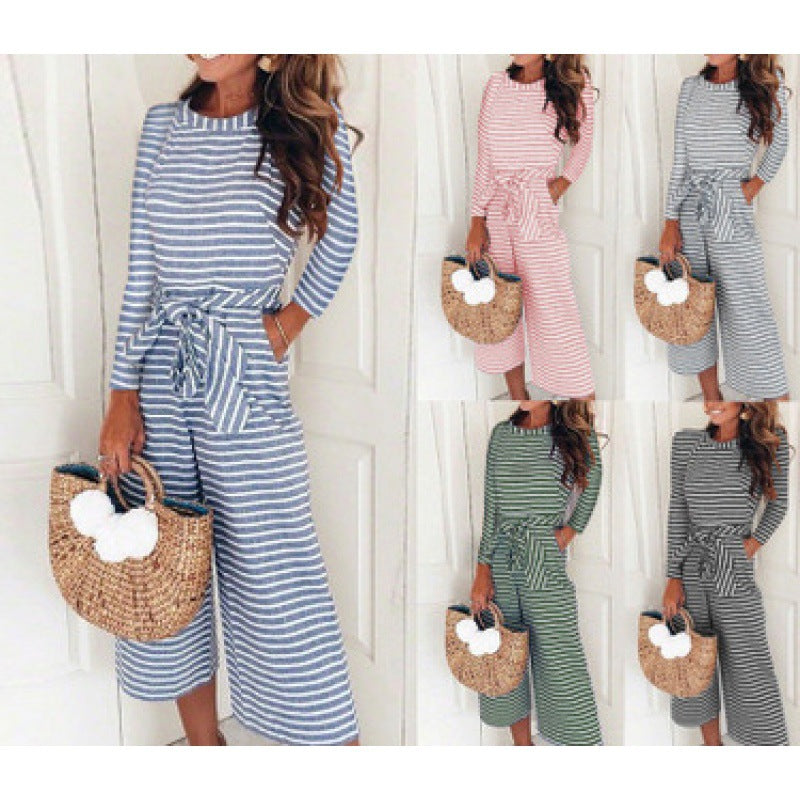 Damen Jumpsuit Lässiger Bindegürtel Gestreift Eveloria