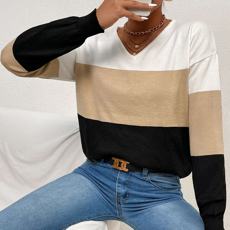 Damen Pullover V-Ausschnitt Farbblock-Design Eveloria - Eveloria
