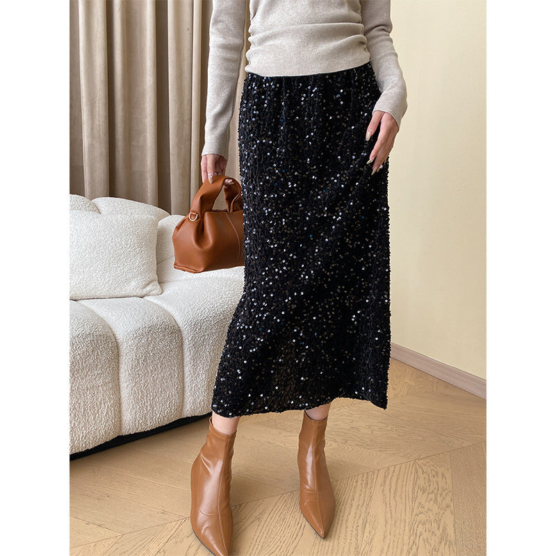 Damen Midirock Glitzer Effekt Elastischer Bund