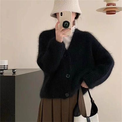 Damen Strickjacke Flausch Lässiger Schnitt Beige