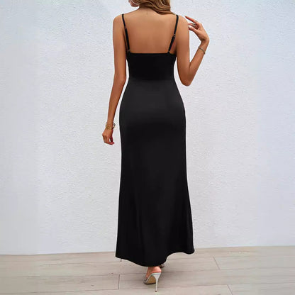 Damen Satin Maxikleid mit hohem Beinschlitz und Spaghettiträgern