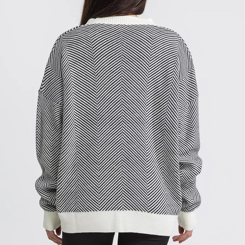 Damen Strickcardigan Chevron Muster Elegante Knöpfe