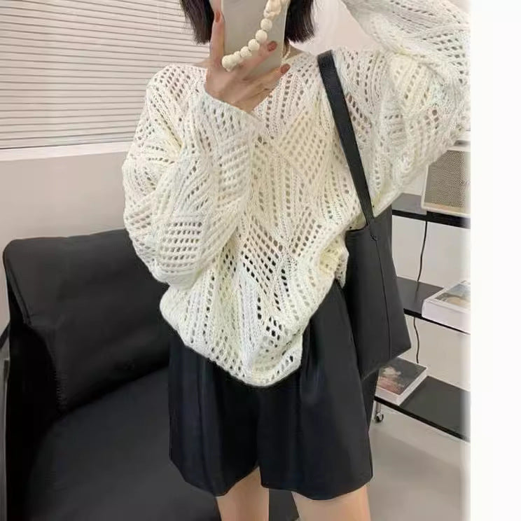 Damen Strickpullover Luftig Netzdesign Beige