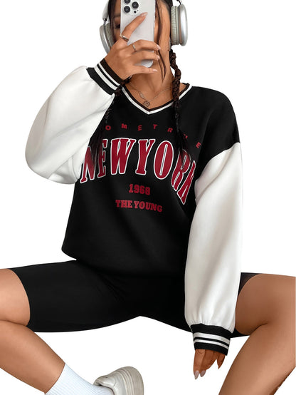 Damen Sweatshirt V-Ausschnitt Sportlich Grau Eveloria