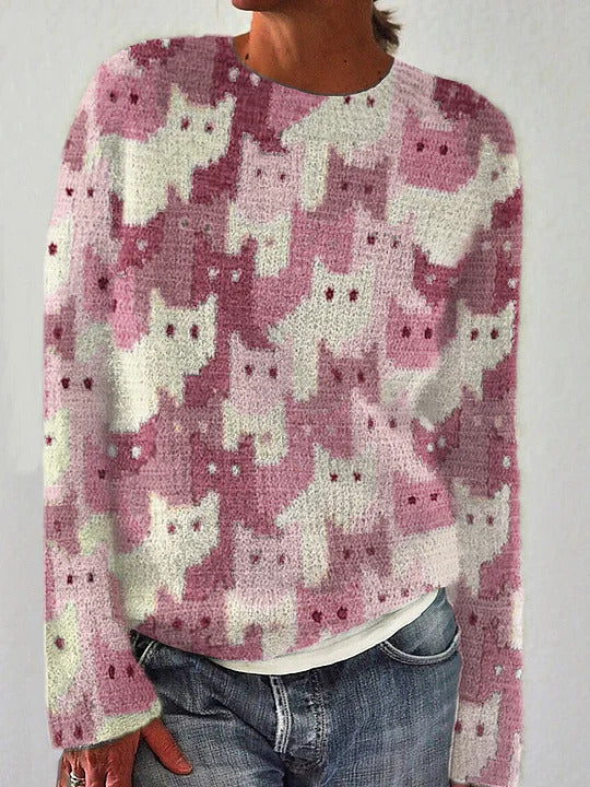 Damen Strickpullover Katzenmuster Eveloria
