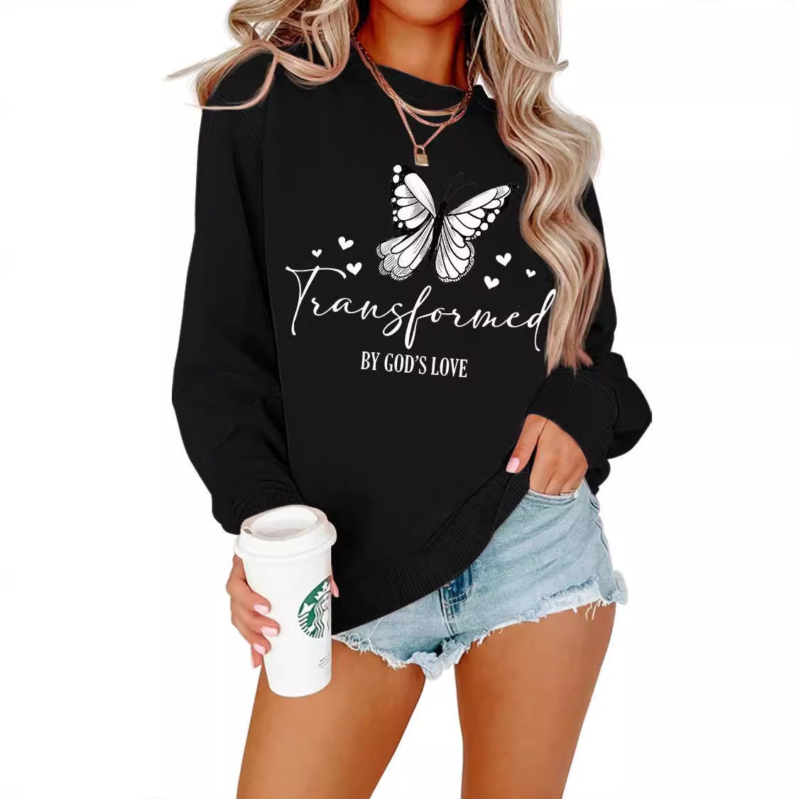 Damen Sweatshirt Schmetterlingsmotiv Baumwolle Weiß