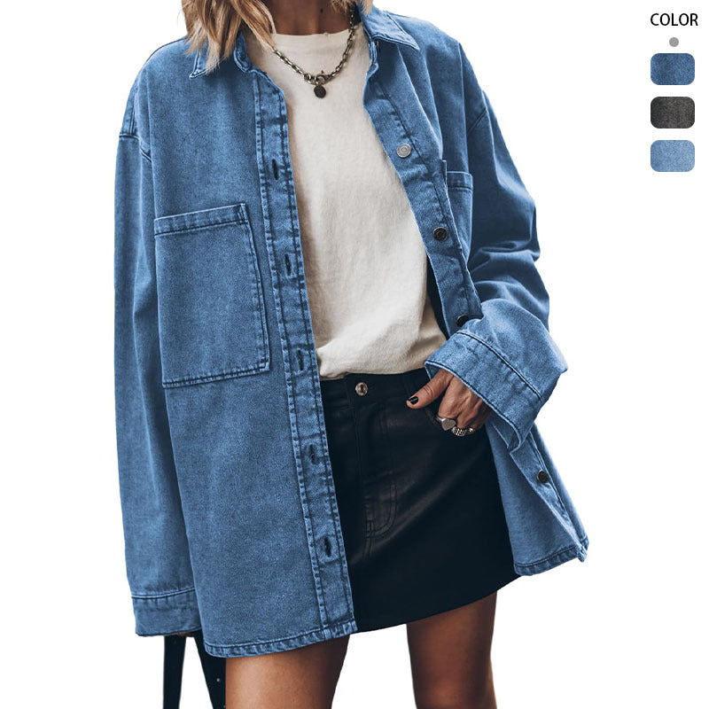 Damen Denim-Hemdjacke Oversized mit Taschen Blau Eveloria - Eveloria