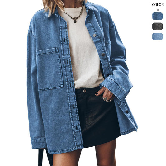 Damen Denim-Hemdjacke Oversized mit Taschen Blau Eveloria - Eveloria