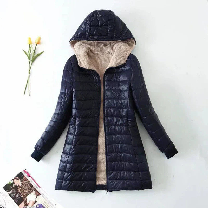 Damen Pufferjacke Mittellang Wattiert Mit Kapuze Plüschfutter