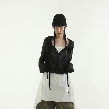 Damen Cropped Kapuzenjacke Reißverschluss Schwarz - Eveloria