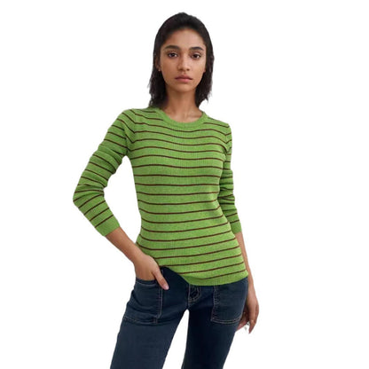 Damen Rippenpullover Gestreift Verlängerte Ärmel Eveloria