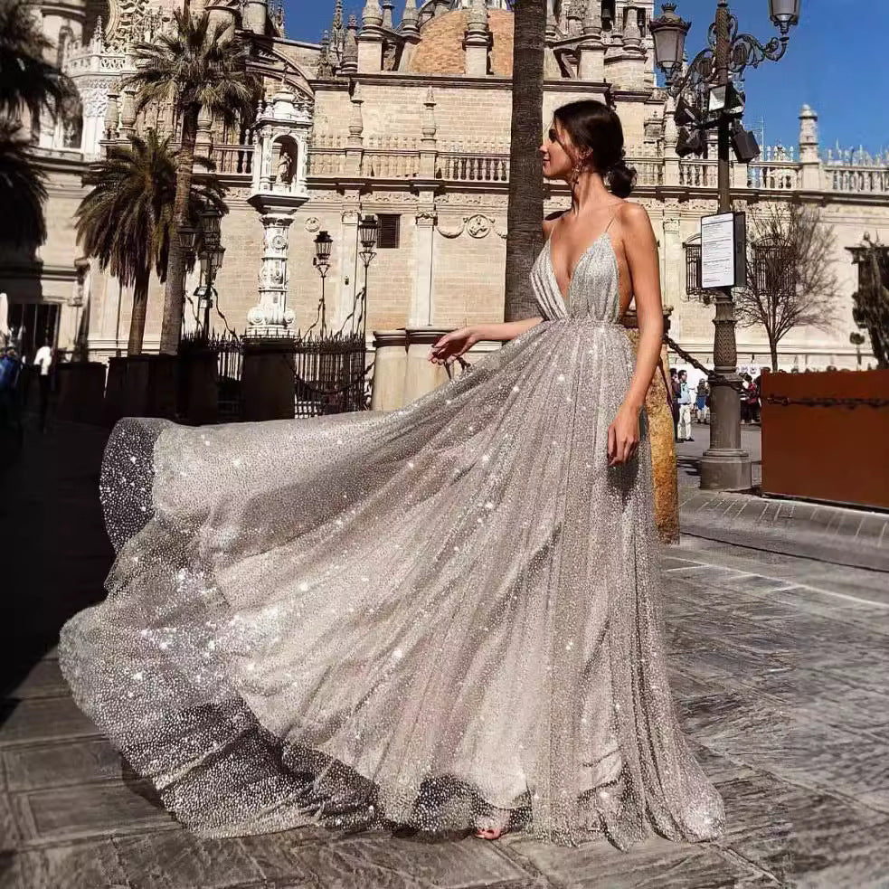 Damen Abendkleid V-Ausschnitt Pailletten Eveloria