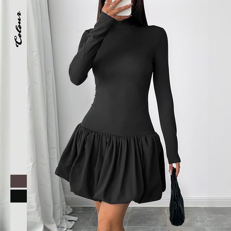 Damen Mini-Kleid Hochtailliert Rüschen Schwarz Eveloria - Eveloria