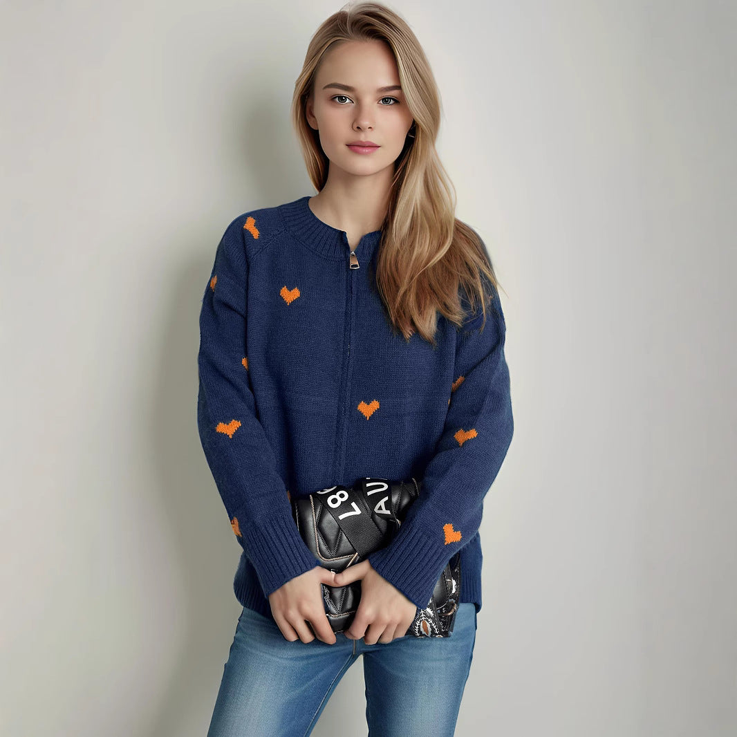 Damen Strickcardigan Herzmuster Reißverschluss Eveloria