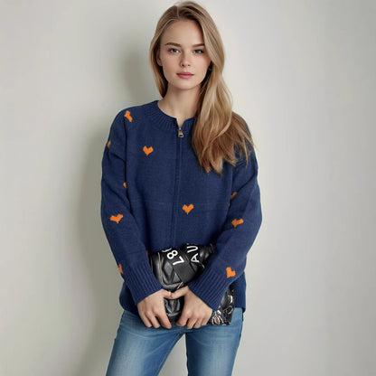 Damen Strickcardigan Herzmuster Reißverschluss Eveloria