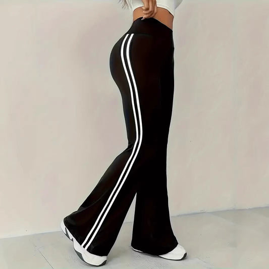Damen Sportleggings Flared Bein Streifen Schwarz Eveloria - Eveloria