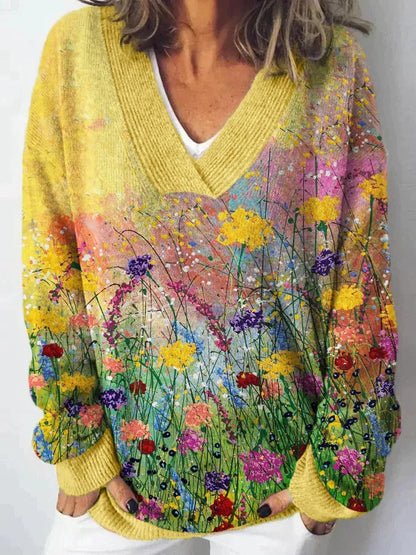 Damen Pullover V-Ausschnitt Floralmuster Lässig Eveloria