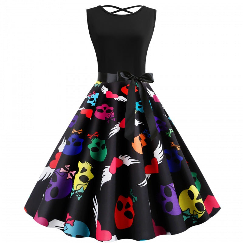 Damen Swingkleid bunt Totenkopf-Design Baumwolle Bindegürtel Schwarz - Eveloria