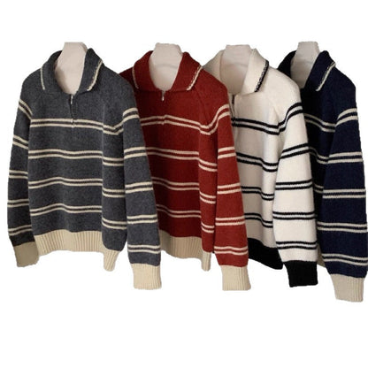 Damen Pullover Gemustert Stehkragen Kontrastdetails Eveloria