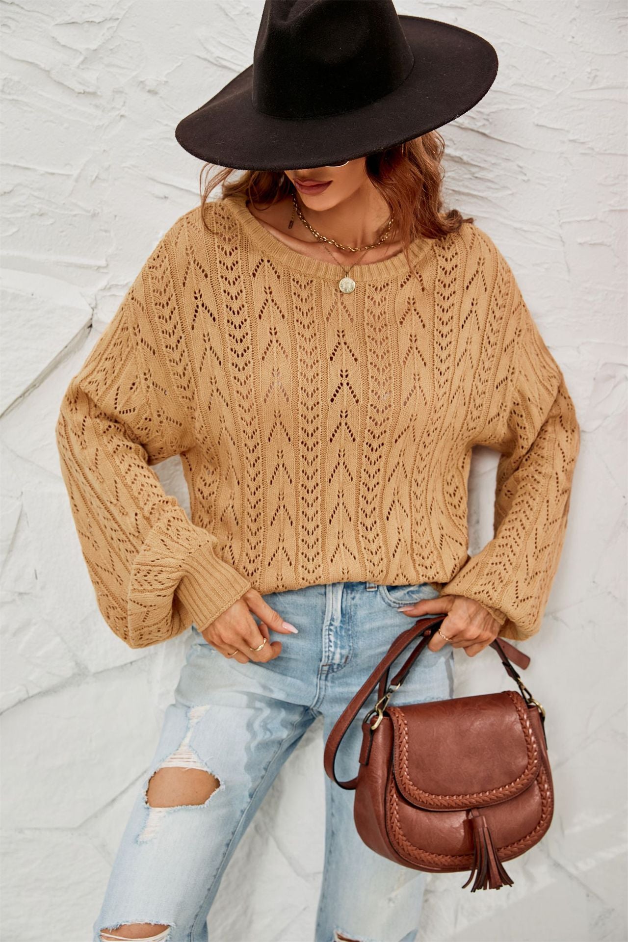 Damen Strickpullover Feinripp Luftig Weite Ärmel Beige