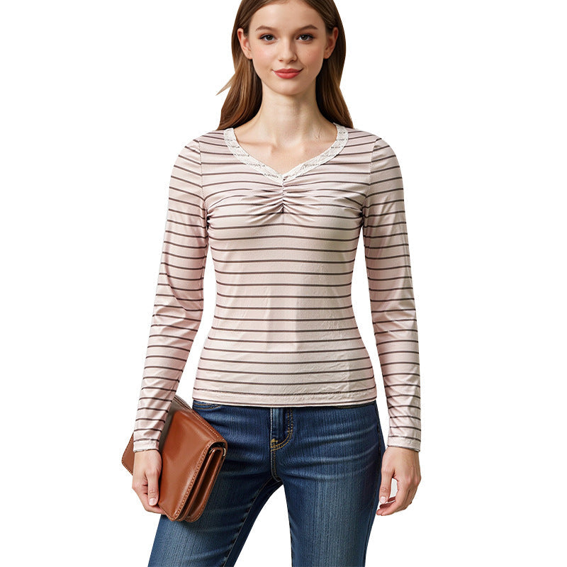 Damen Langarmshirt Gestreift mit Rüschendetails Eveloria