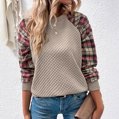 Damen Sweatshirt Gitterstruktur Karierte Ärmel Eveloria