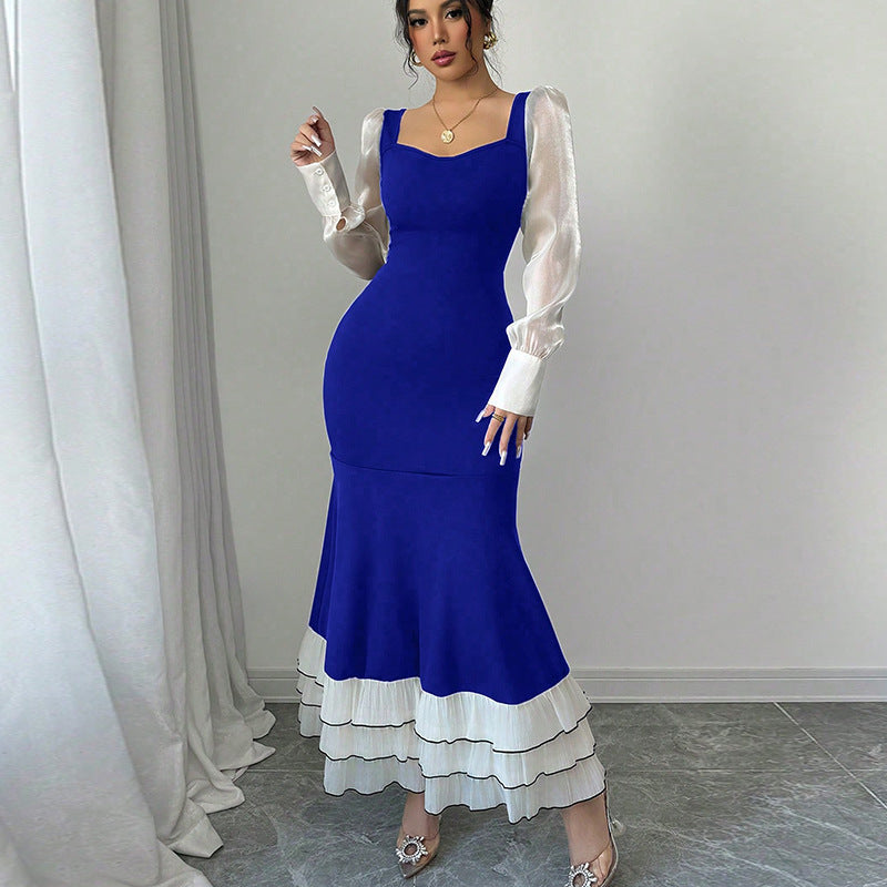 Damen Maxikleid mit Puffärmeln und Rüschensaum Eveloria