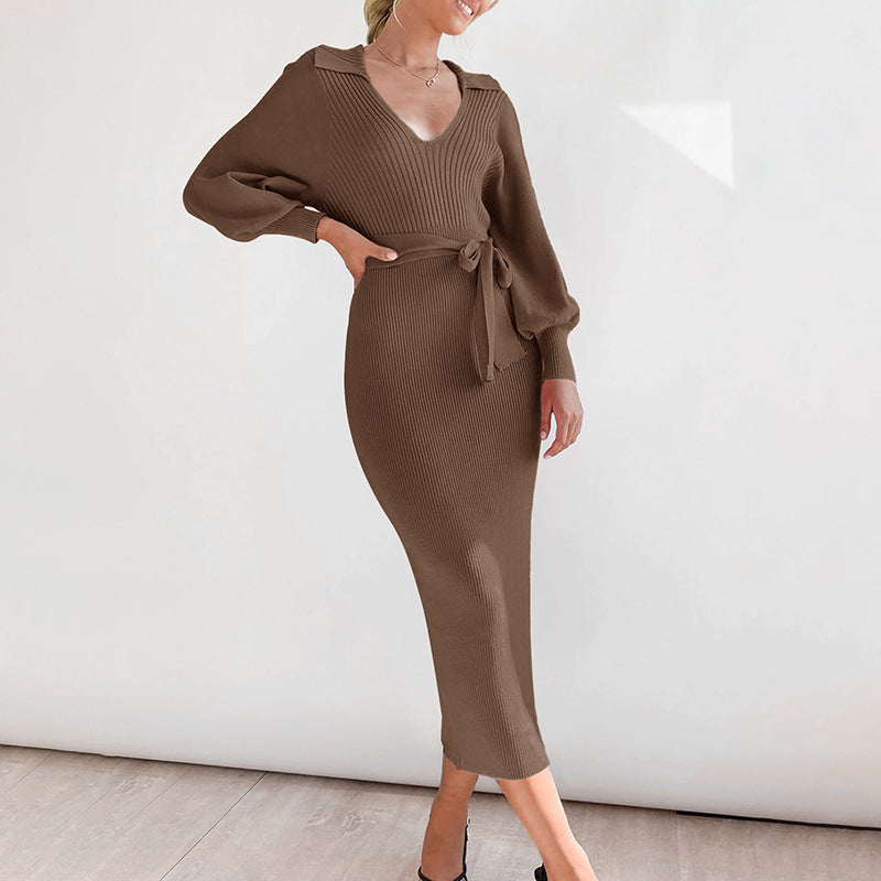 Damen Strickkleid V-Ausschnitt Elegantes Taillieren Eveloria