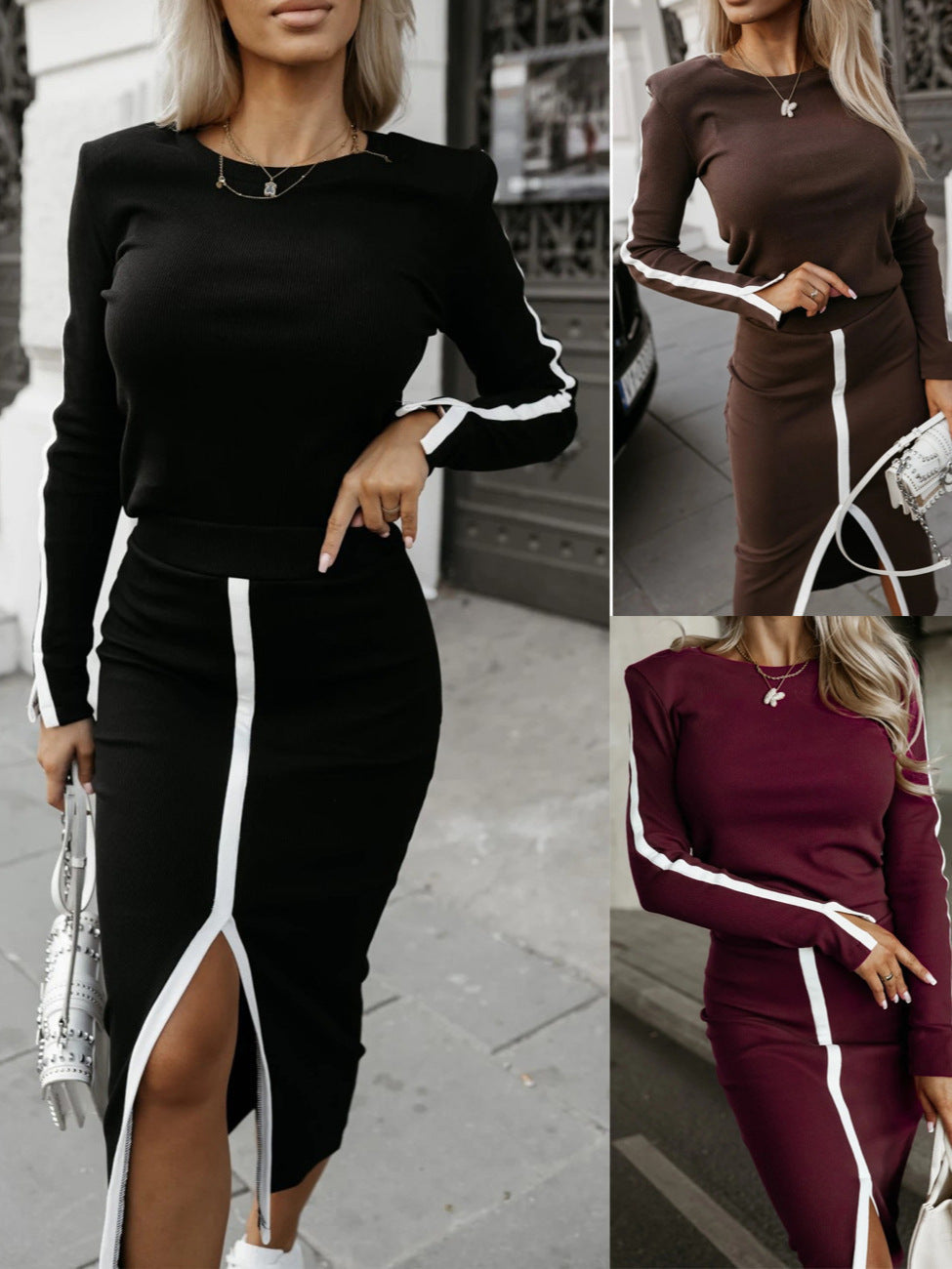 Damen Strickkleid Mit Seitenschlitz Kontraststreifen Elegantes Design - Eveloria