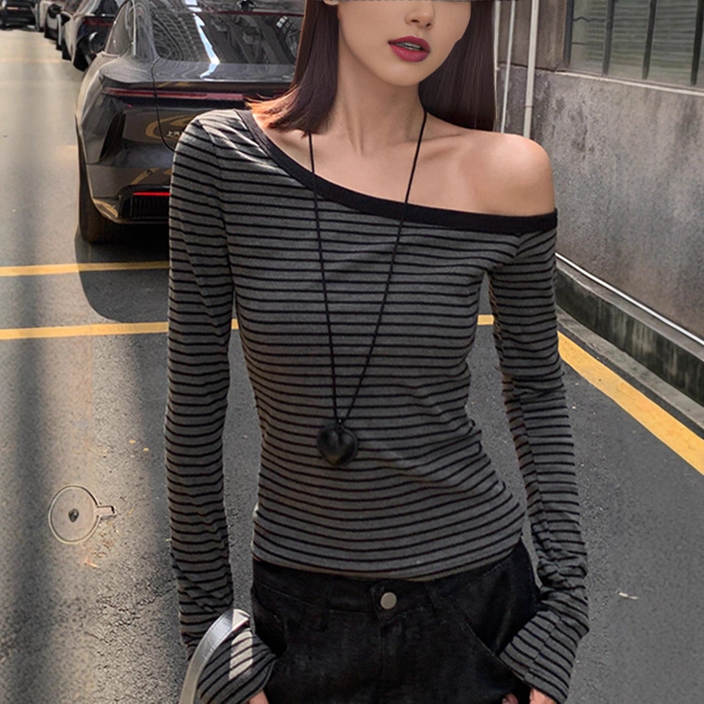 Damen Longsleeve Shirt Asymmetrisch Streifen Eveloria