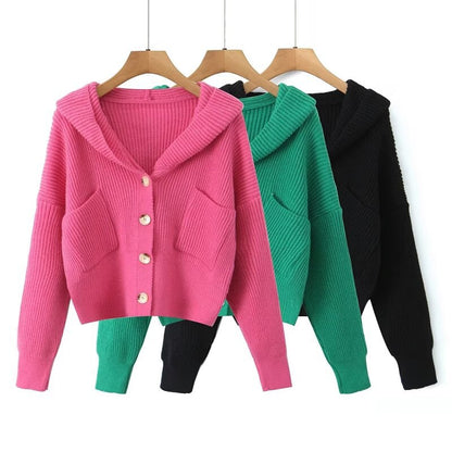Damen Kuschelige Strickjacke mit Kapuze und Knopfverschluss