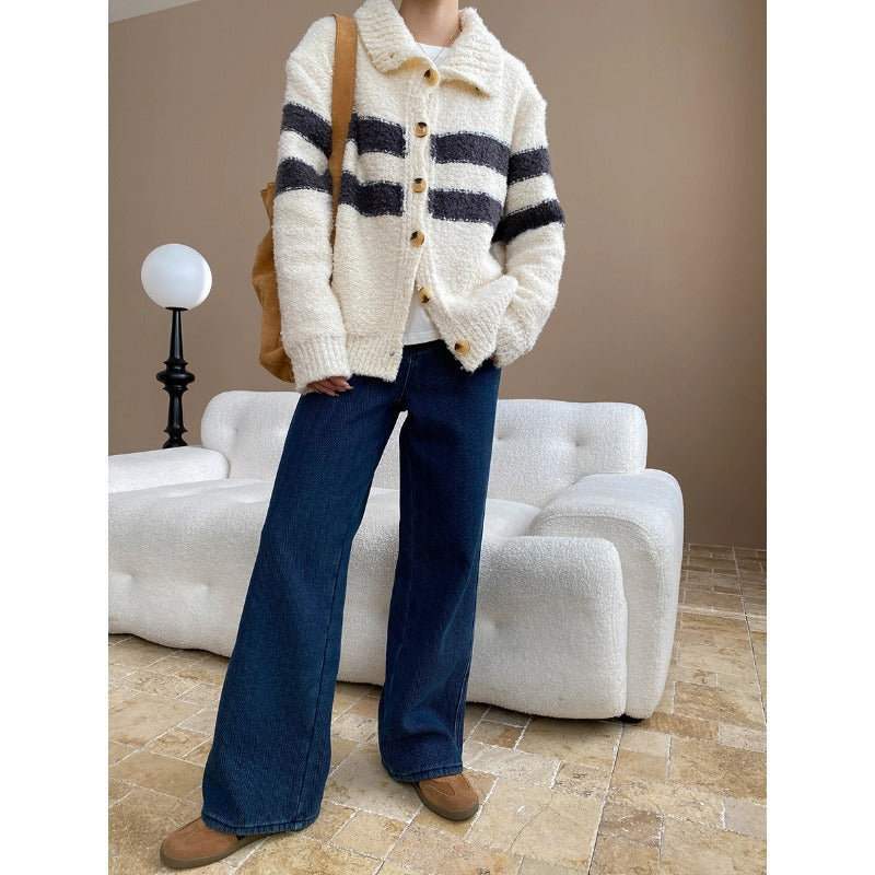 Damen Strickjacke Streifenlook mit Knöpfen Kuschelig Grau