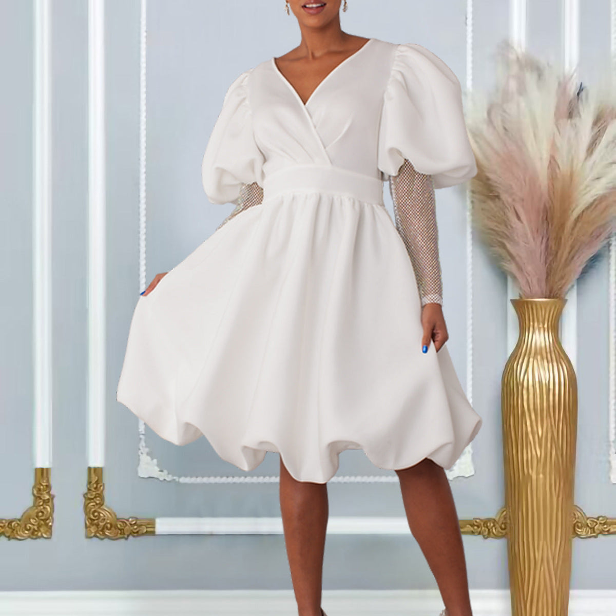 Damen Wickelkleid Puffärmel Netzoberarm Transparent Eveloria - Eveloria