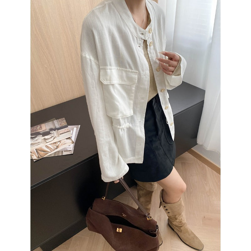 Damen Leinenjacke Lässig Stehkragen Beige