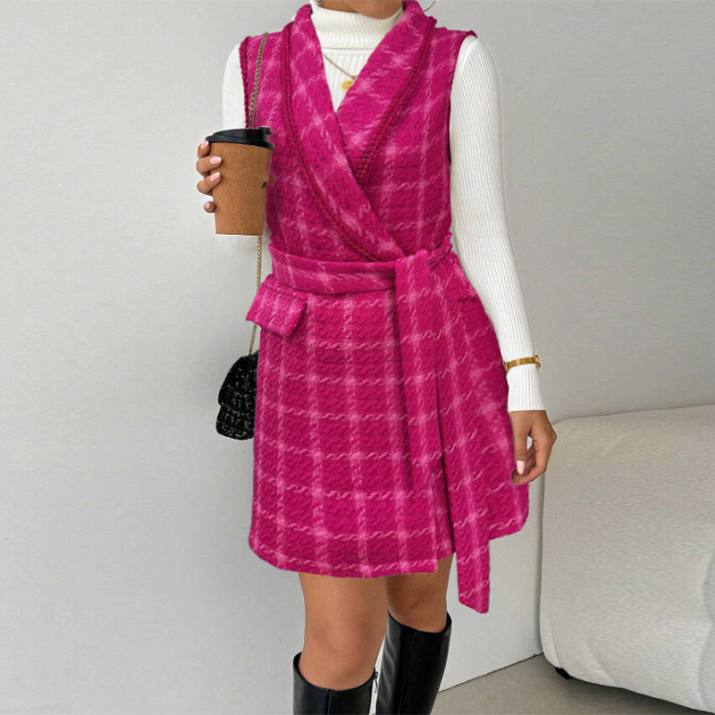 Damen Wickelkleid Karomuster Taillengürtel Schwarz - Eveloria