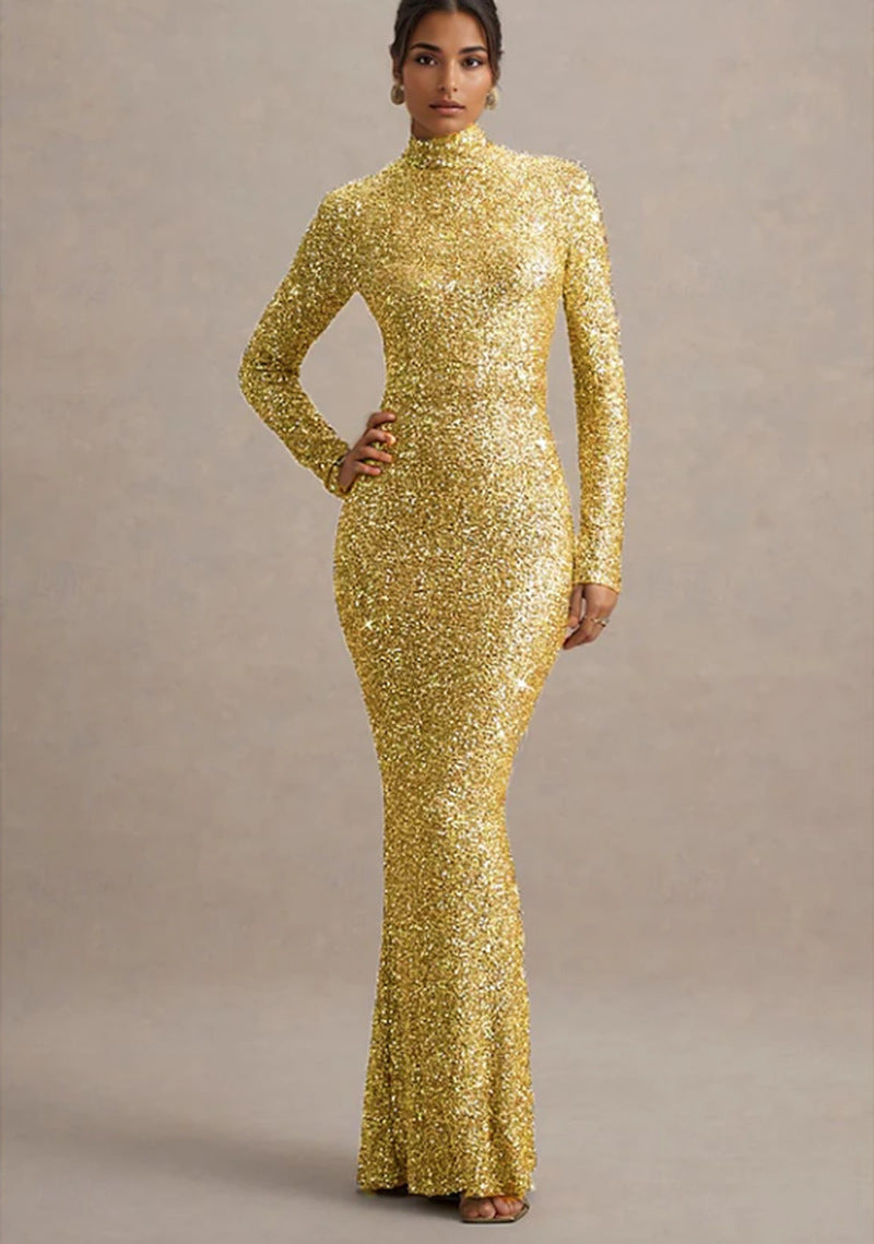 Damen Abendkleid Glitzernd Hochkragen Figurbetont Eveloria