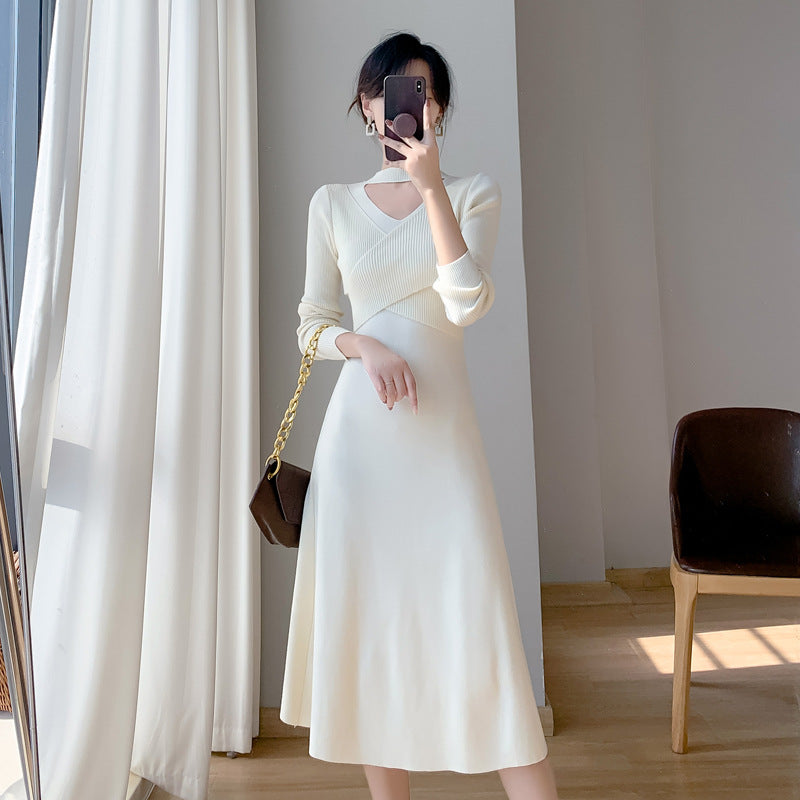 Damen Strickkleid Wickeldesign Cut-Out Elegant