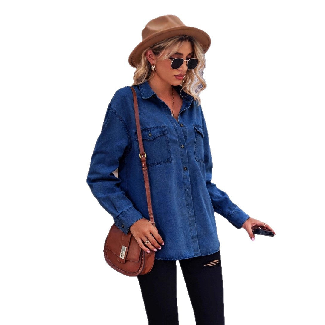 Damen Denim Hemdbluse mit Brusttaschen Blau Eveloria