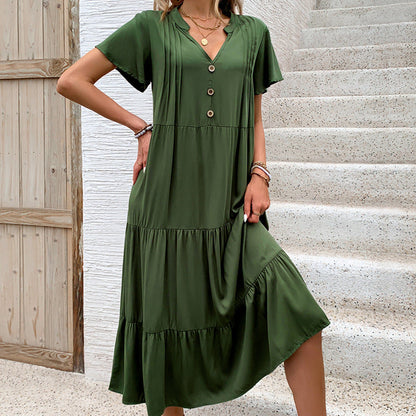 Damen Maxikleid Knopfleiste Voluminöser Rock Eveloria