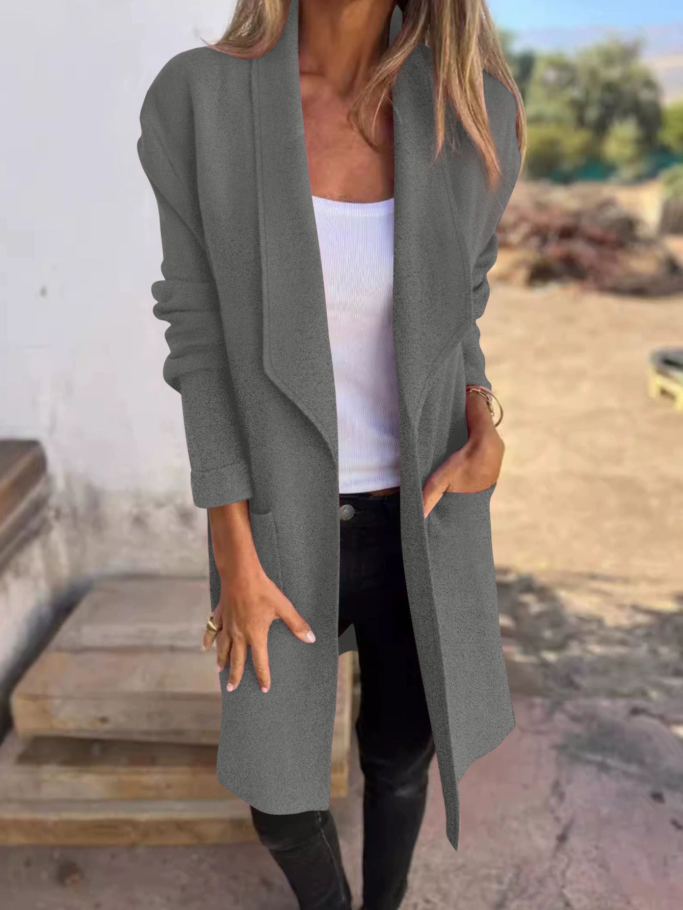 Damen Oversized-Mantel Lässig Eingrifftaschen Offener Kragen