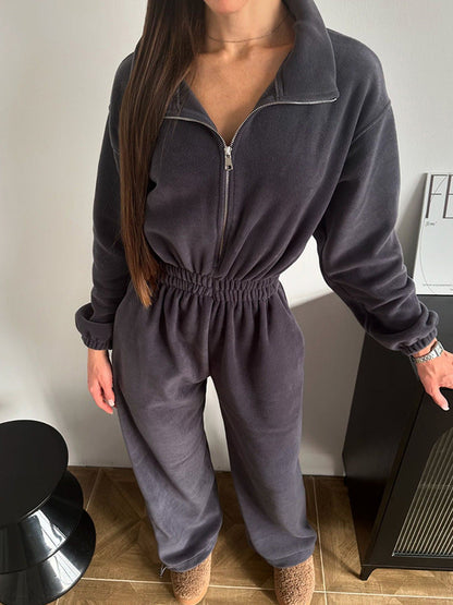 Damen Fleece-Jogginganzug mit Halb-Reißverschluss und elastischem