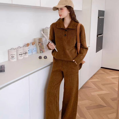 Damen Strickanzug Weite Passform Dekorative Knöpfe Beige