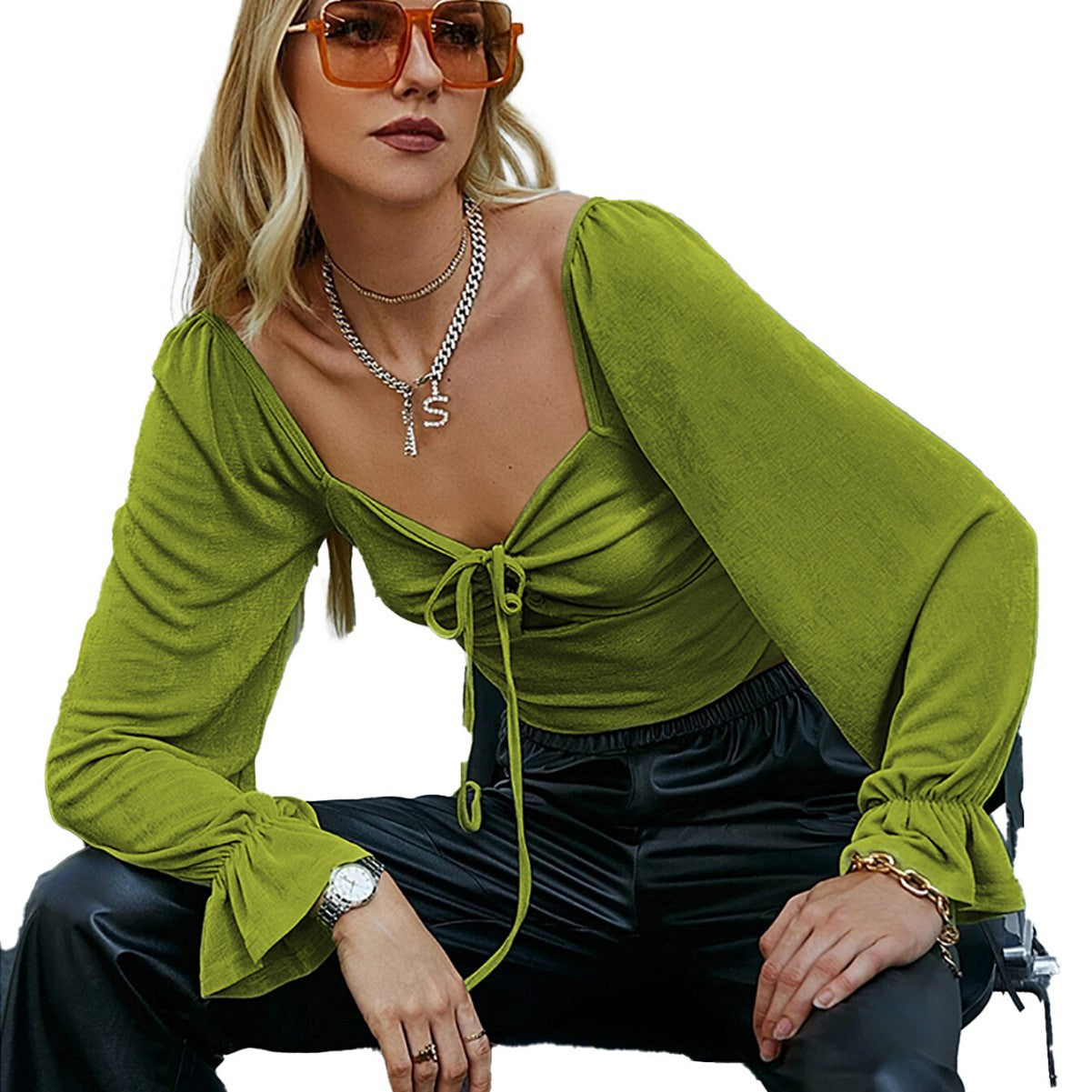 Damen Cropped Langarmshirt Rüschen-Design Knoten-Detail