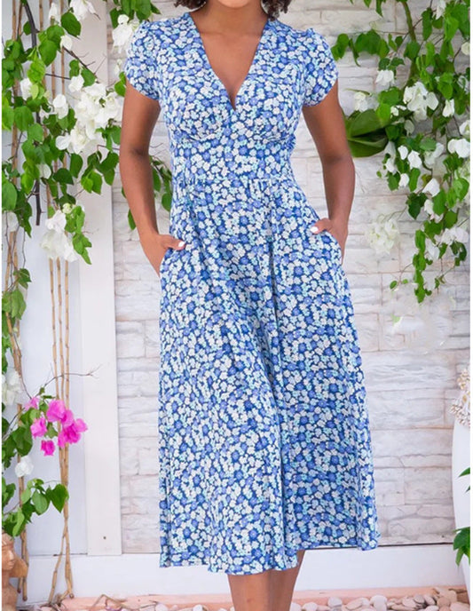 Geblümtes Damenkleid V-Ausschnitt Kurzärmelig Sommerkleid - Eveloria