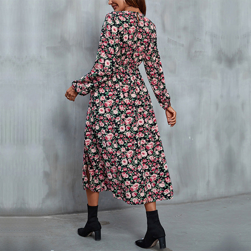 Damen Maxikleid Floralmuster Seidenstoff Seiten Schlitz