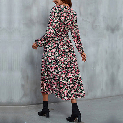 Damen Maxikleid Floralmuster Seidenstoff Seiten Schlitz