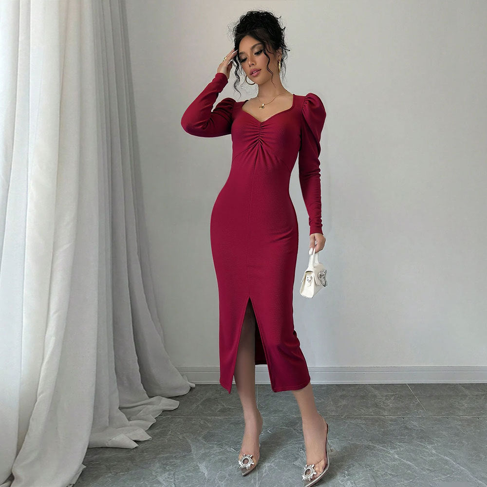 Damen Midi-Kleid Puffärmel Raffierter Schlitz Eveloria